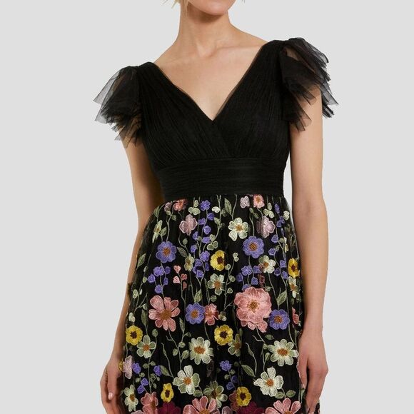 Mac Duggal 68204 Size 14 Black Floral Embroidered Ruched Flutter Sleeve Dress - Picture 3 of 4